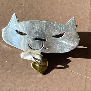 MCM Sterling Silver Cat Brooch Signed With Heart Collar
